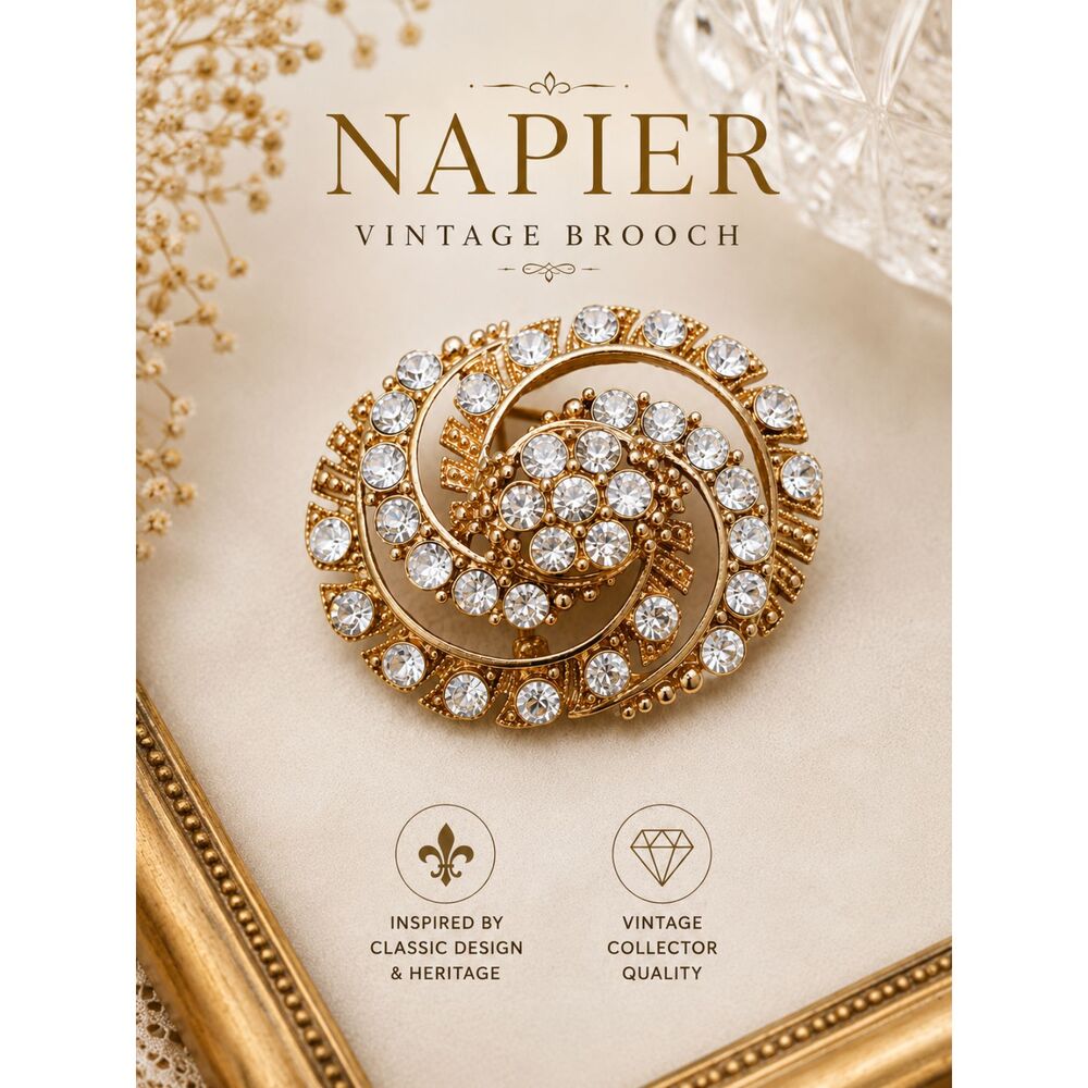 Vintage Napier Gold-Tone Filigree Rhinestone Brooch Signed c1950s